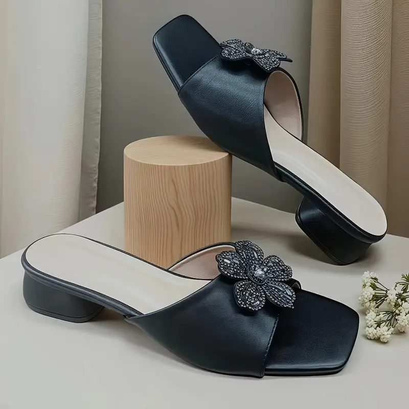 Rhinestone-Embellished Square Toe Low Block Heel Slip-On Sandals - Image 2