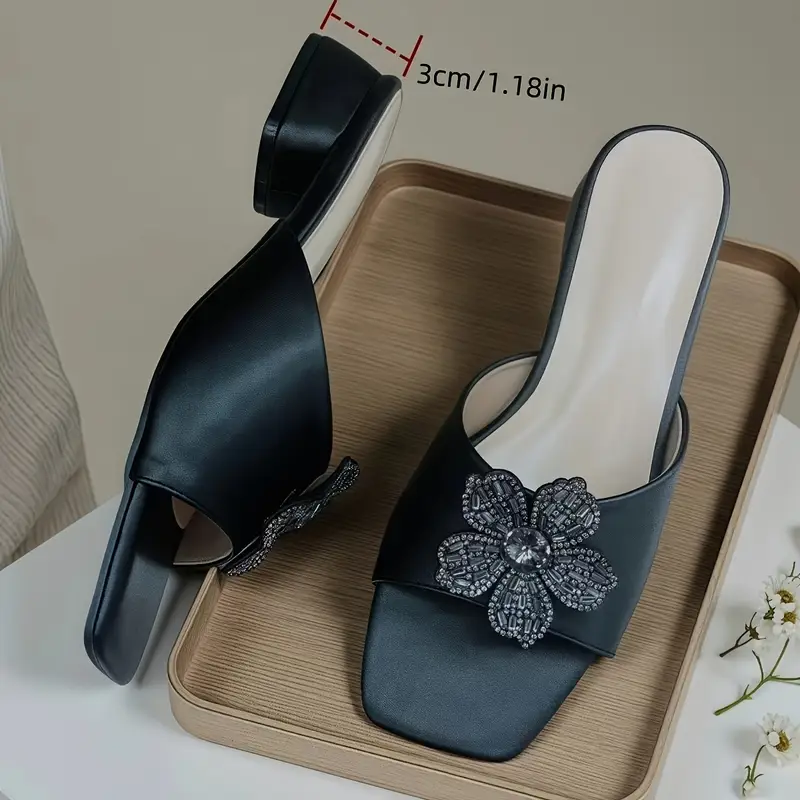 Rhinestone-Embellished Square Toe Low Block Heel Slip-On Sandals - Image 3