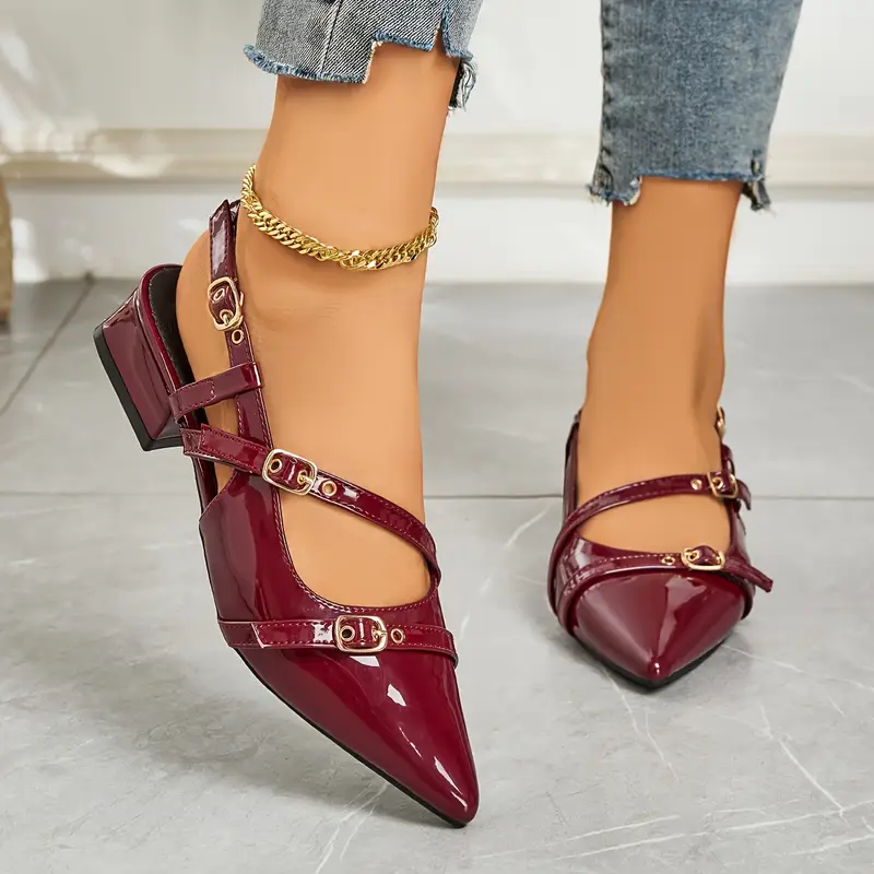 Burgundy Glossy Chunky Heel Pointed Toe Sandals - Image 2