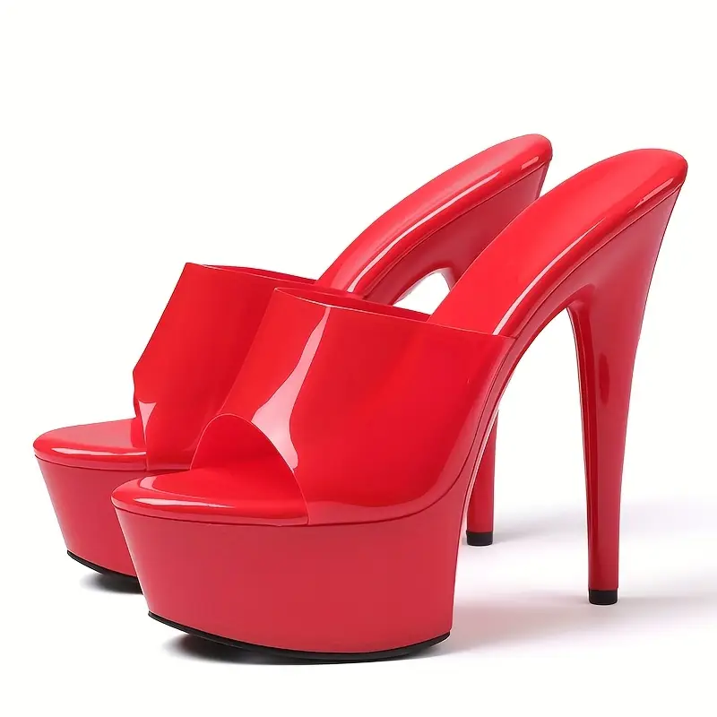 Sexy Red Glossy PU Cover Slip-On Stiletto Heel Sandals with Arch Support - Image 2