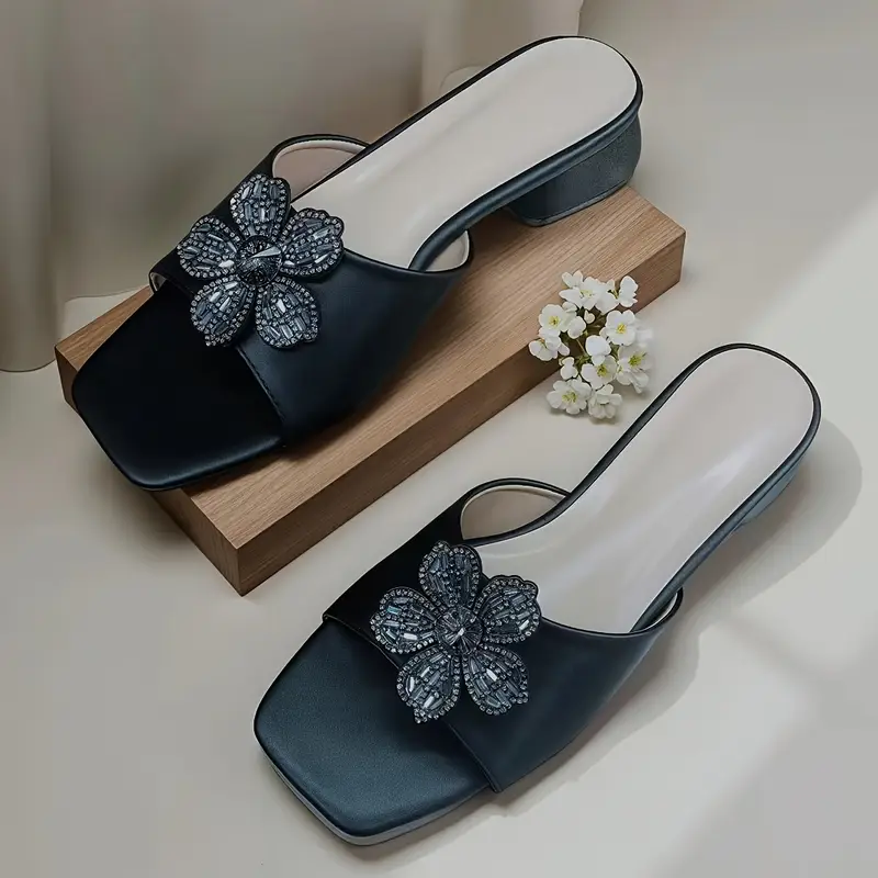 Rhinestone-Embellished Square Toe Low Block Heel Slip-On Sandals