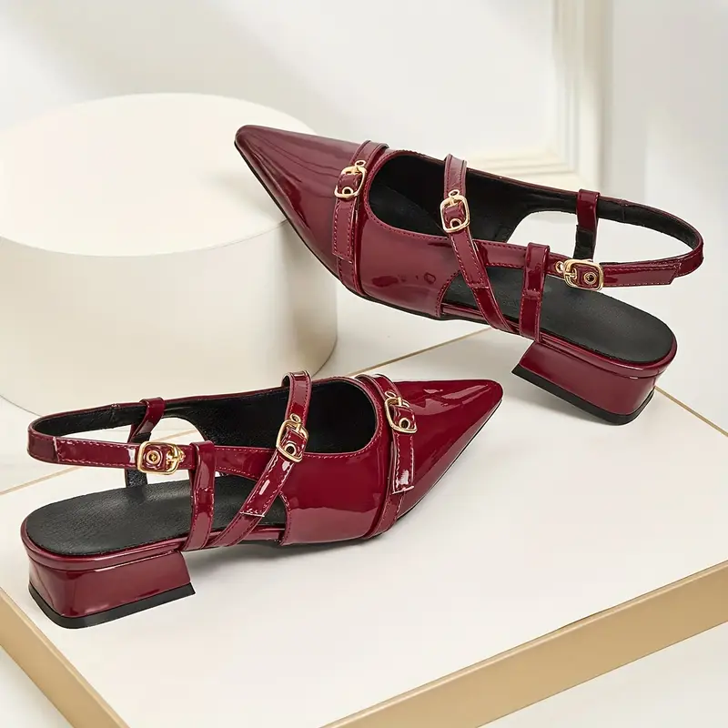Burgundy Glossy Chunky Heel Pointed Toe Sandals