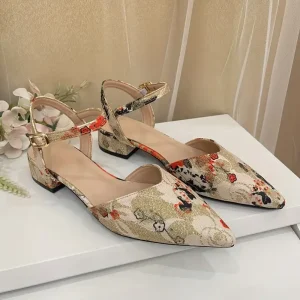 Elegant Inspired Floral Embroidery Low Block Heel Shoes