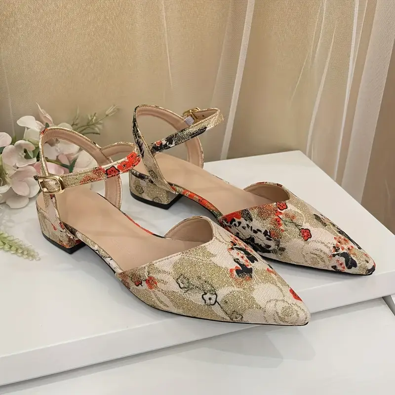 Elegant Inspired Floral Embroidery Low Block Heel Shoes